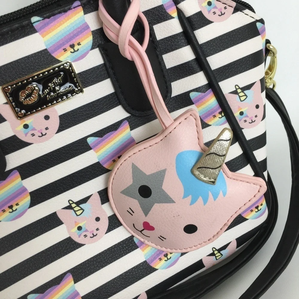 Luv Betsey Betsey Johnson Unicorn Cat Satchel Purse Bag Black White Stripe Small